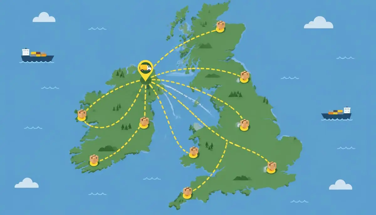 Map-style illustration of parcels travelling across Ireland and Great Britain
